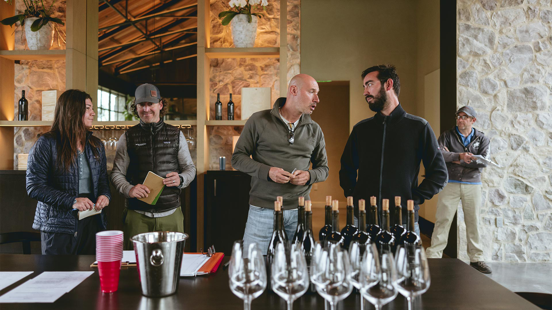 A candid shot of the winery staff preparing for a technical tasting with the team at the Brave & Maiden tasting room.